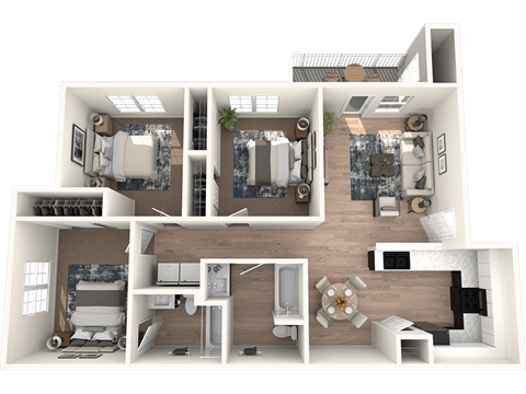 Floor plan for 3 beds, 2 baths, 1042 sqft